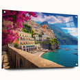 Acrylic print of Amalfi Coast with vibrant blue ocean and colorful cliffside houses, ideal for dining room decor.