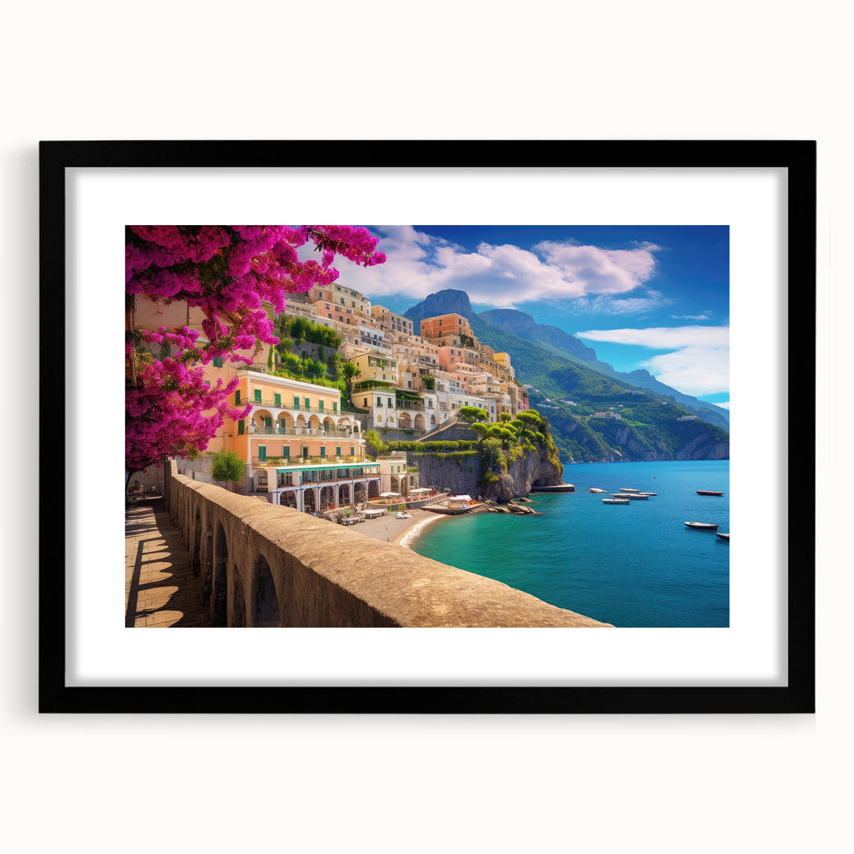 Colorful abstract art print of Amalfi Coast in vibrant hues on textured canvas, framed in black, ideal for living room decor.
