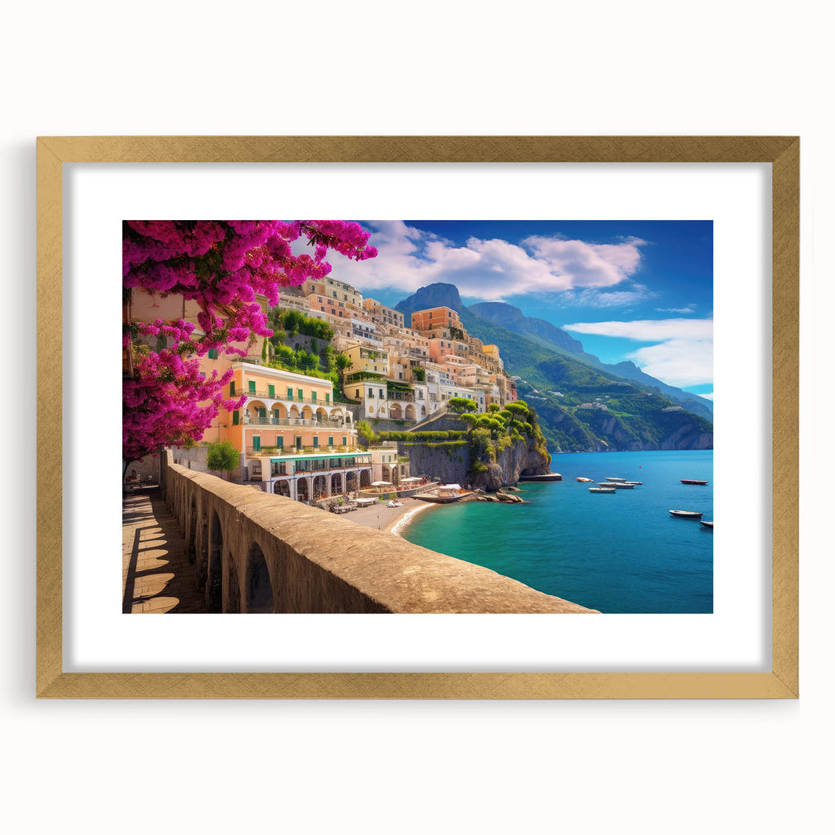Abstract art print of the Amalfi Coast in pastel shades on a framed gold mat, ideal for bedroom or dining room decor.