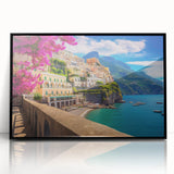 Large abstract wall art of Amalfi Coast in muted blue and white tones on a framed acrylic.