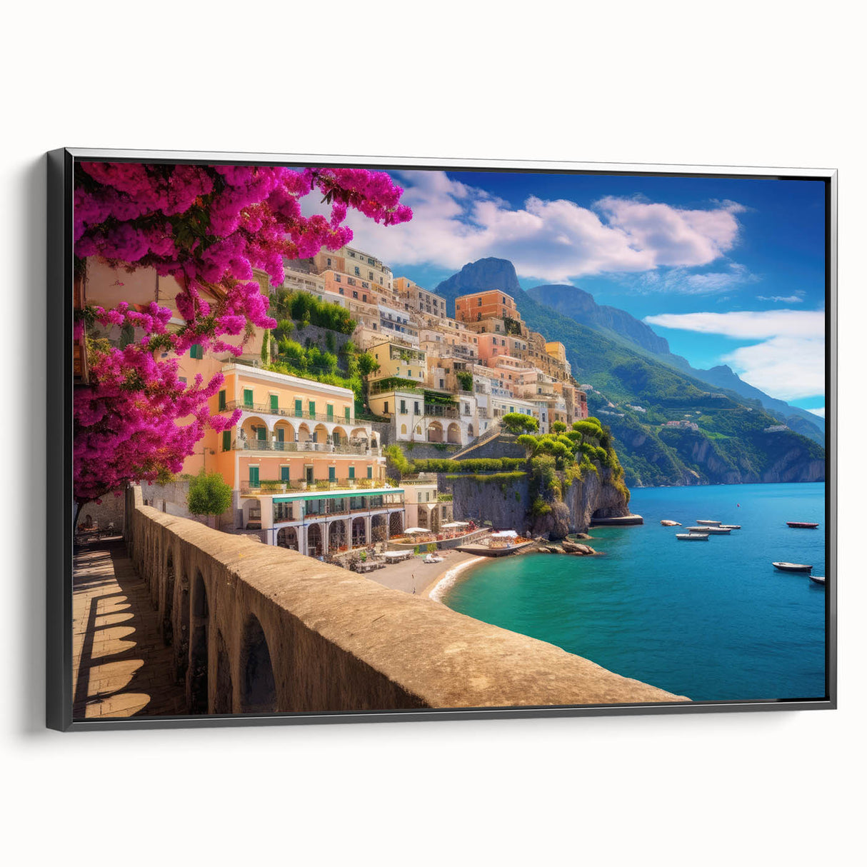 Black and white framed canvas of Amalfi Coast landscape, ideal for bedroom wall art.