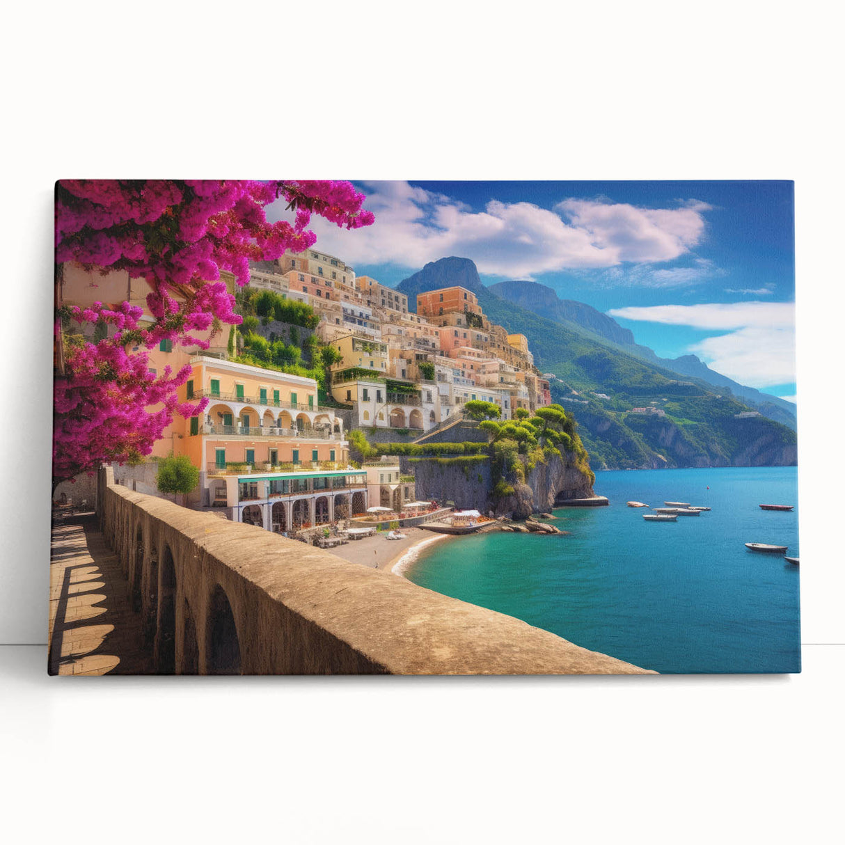 Black and white stretched canvas of Amalfi Coast scenery, ideal for kitchen wall art.