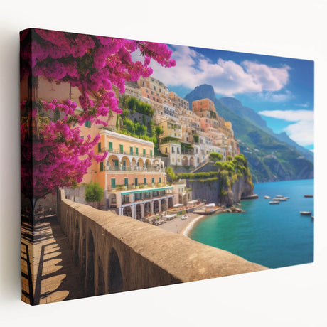 Amalfi Coast landscape on stretched canvas, featuring vivid blue and white tones, ideal for kitchen wall art.