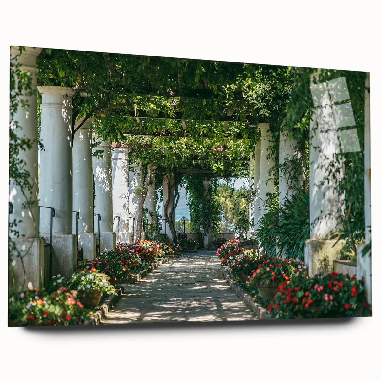 Large abstract depiction of Capri, Italy in muted blues and greens on acrylic glass, suitable for bedroom or dining room art.