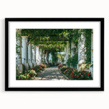 Extra large, textured abstract art print of a colorful European scenery on a framed black mat, ideal for living room decor.