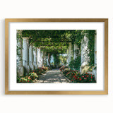 Abstract art print depicting a European scenery in Capri with muted earth tones on a gold-framed mat.