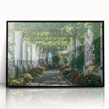 Large abstract wall art depicting a European seascape, framed in black acrylic, with vibrant blue and white tones.