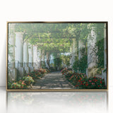 Art deco poster of Capri, Italy, in muted gold and blue tones on framed acrylic, suitable for modern art wall decor.