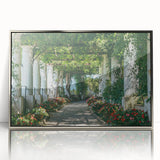 Mid-century modernist acrylic print of Capri, Italy, in vibrant blue and green tones, framed in silver.