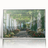 Mid-century modernist art of Capri, Italy, depicted in muted earth tones on a framed acrylic.