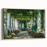 Framed canvas landscape painting of Capri, Italy, featuring muted earth tones and vintage poster style.