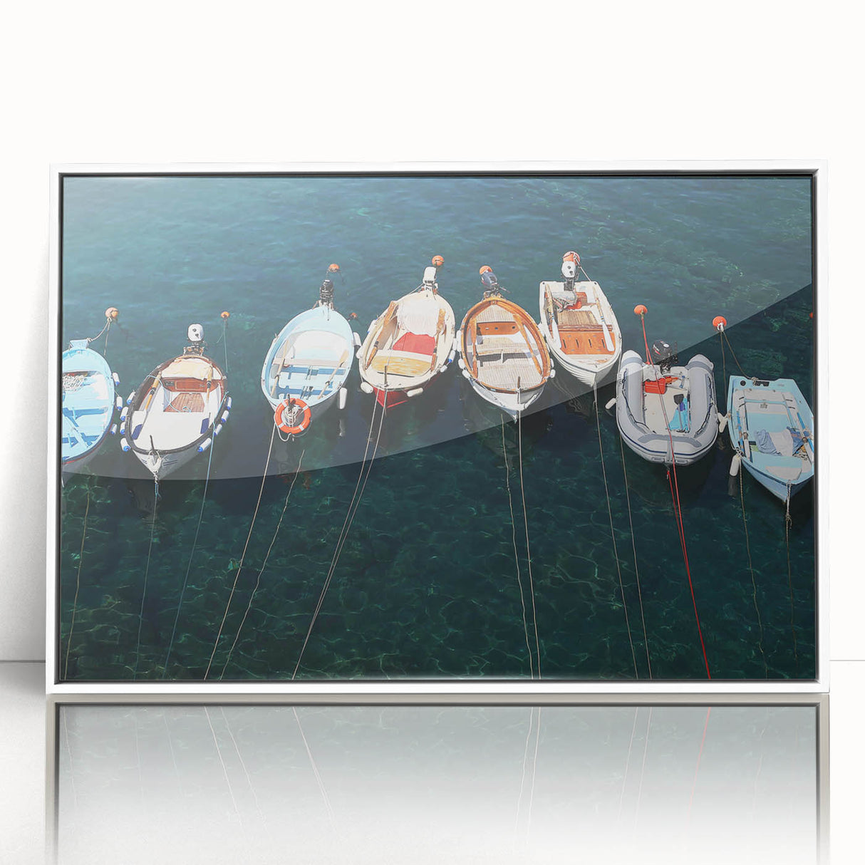 Framed acrylic print of Cinque Terre with vibrant coastal hues, in a mid-century modernist style.