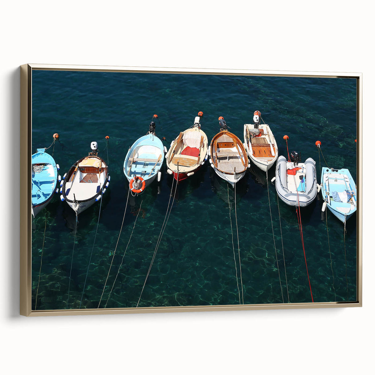 Framed canvas wall art featuring a vintage-style landscape painting of Cinque Terre in Italy with muted earth tones.