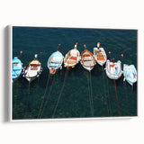 Vintage poster art of Cinque Terre on framed canvas, featuring vibrant coastal colors, ideal for living room decor.