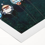 Art deco poster of Cinque Terre with vibrant coastal colors on a rolled canvas, suitable for dining room decor.