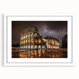 Textured art print of the Colosseum in muted earth tones on a framed white mat, ideal for bedroom decor.