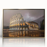 Acrylic print of the Colosseum in muted gold tones, framed in art deco style, suitable for modern art wall decor.