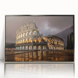 Large art print of the Colosseum in Rome with muted earth tones on a silver-framed acrylic, ideal for modern art wall decor.