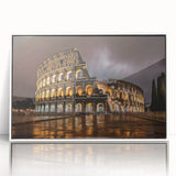 Mid-century modernist art of the Colosseum in muted earth tones on a framed acrylic, ideal for modern art wall decor.