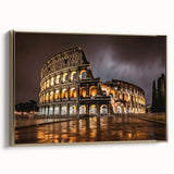 Vintage poster art of the Colosseum in muted gold and black tones on framed canvas, ideal for bedroom wall decor.