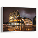 Vintage poster art of the Colosseum in Rome with vibrant colors on a large framed canvas, ideal for living room decor.