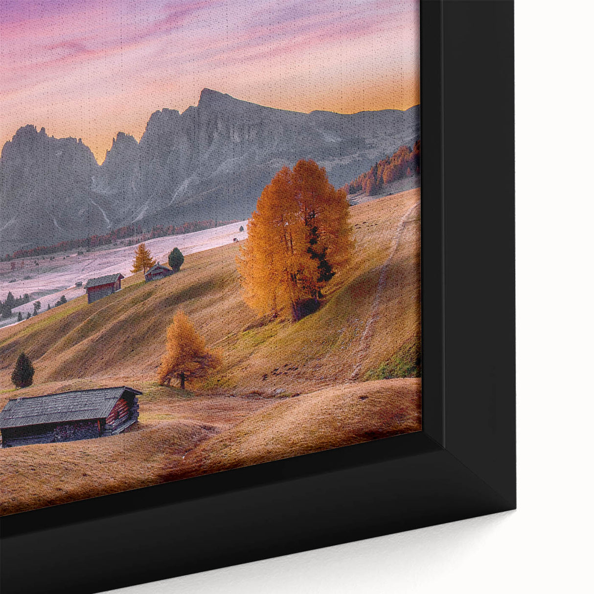 Extra large framed canvas of the Dolomites in Italy, featuring textured black and colorful art, ideal for living room decor.