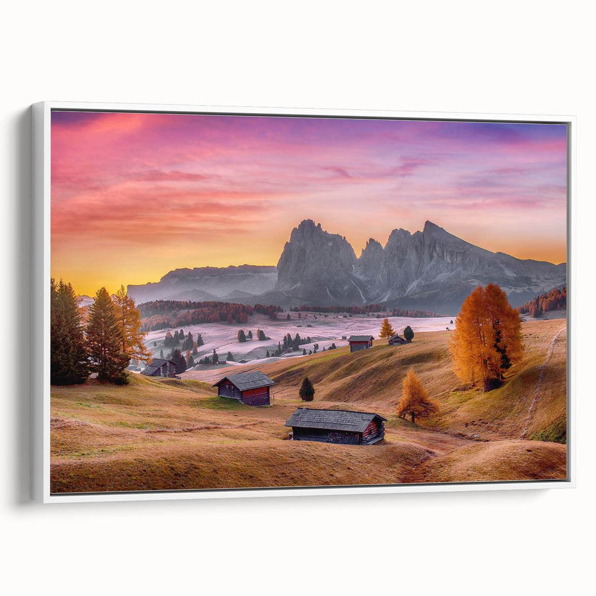 Vintage poster art of the Dolomites in Italy, featuring colorful imagery on a large framed canvas.