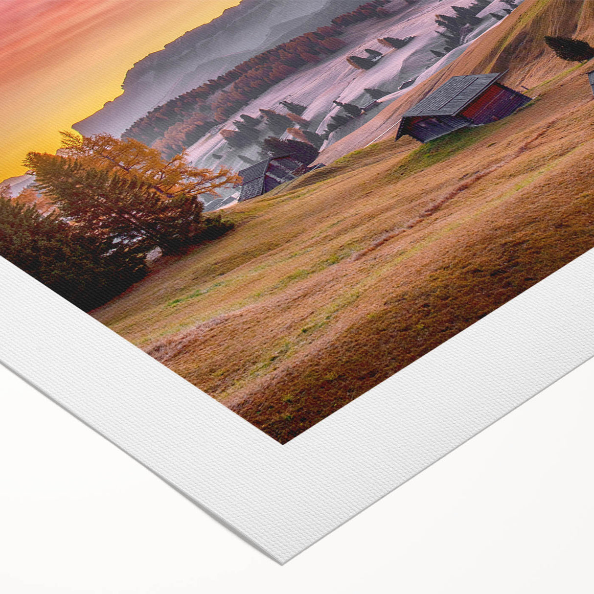 Art deco poster of the Dolomites in muted green and blue tones on rolled canvas, suitable for dining room wall art.