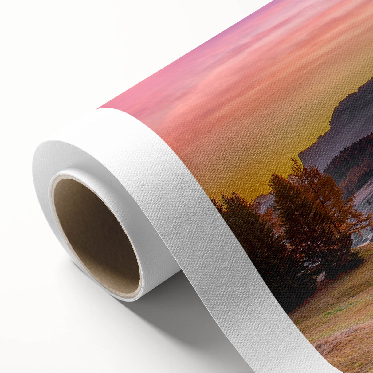 Art deco poster of the Dolomites in Italy, featuring muted earth tones on rolled canvas, ideal for nursery wall art.