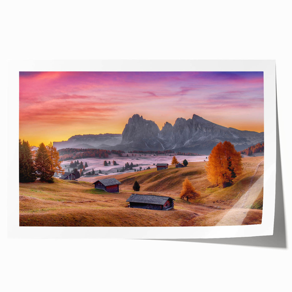 Extra large rolled print of the Dolomites in Italy, featuring vivid green landscapes, ideal for dining room wall art.