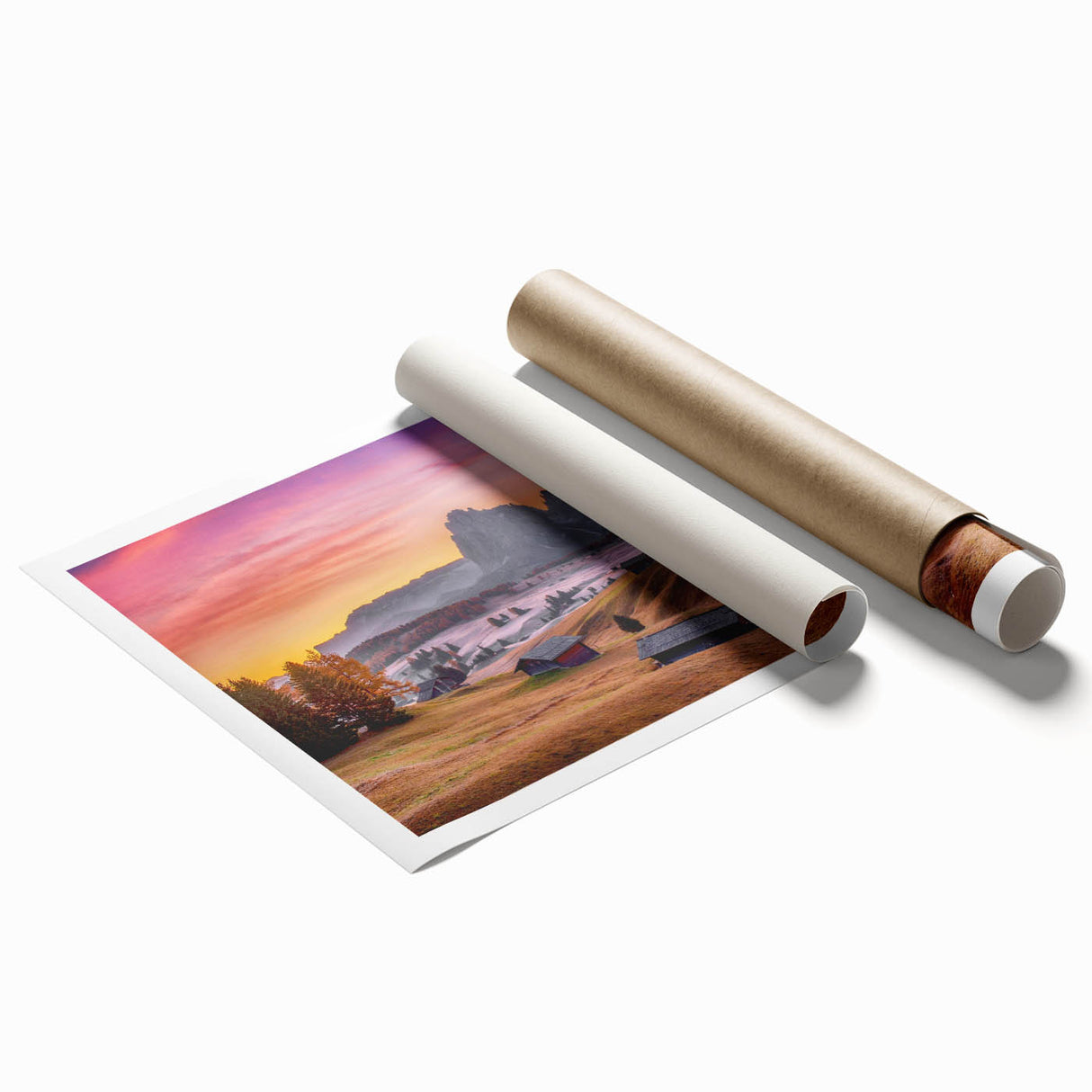 Extra large rolled print of the Dolomites in Italy, featuring vivid green meadows and mountain peaks.