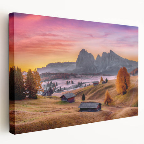 Scenic Dolomites landscape on stretched canvas, featuring subdued earth tones, ideal for kitchen wall art.