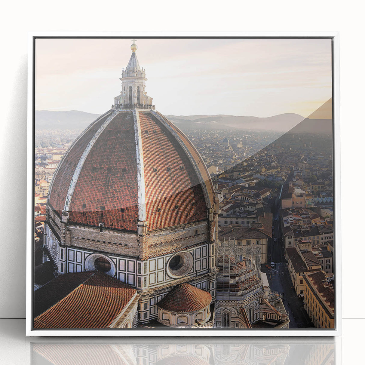 Mid-century modernist art depicting Florence scenery in muted earth tones on a white-framed acrylic print.