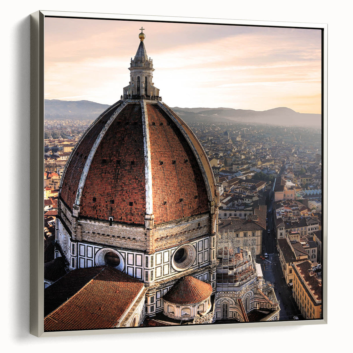 Framed canvas of a vintage-style Florence landscape with colorful art on a black background, ideal for living room decor.