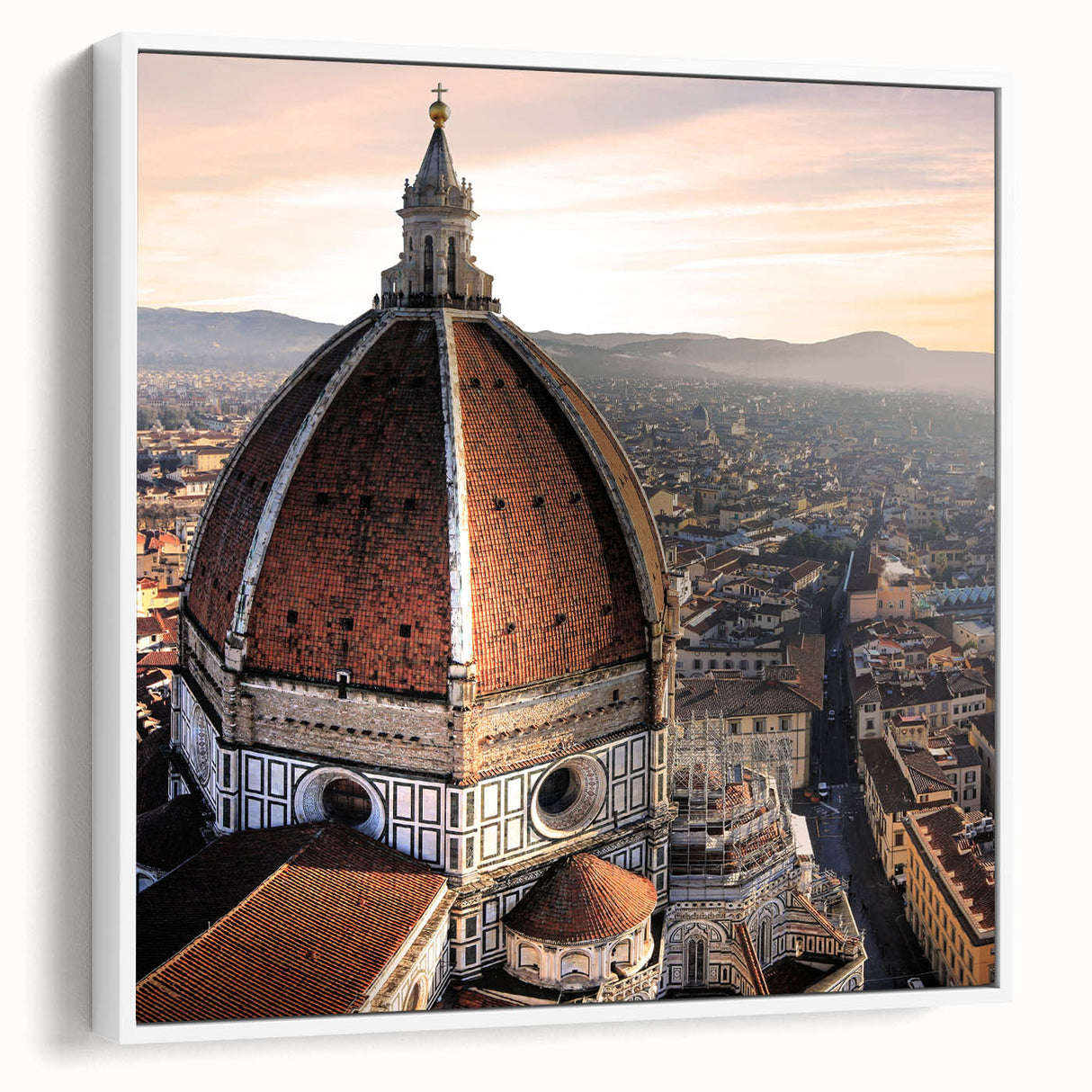 Vintage poster art of Florence skyline in vibrant colors on a framed canvas, ideal for living room decor.