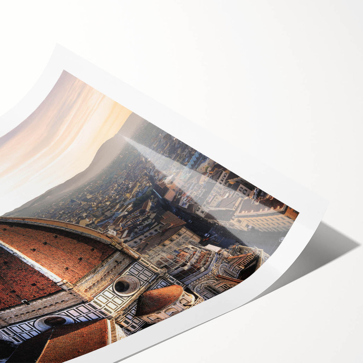 Extra large wall art featuring line art flowers over a Florence scenery, in soft pastel hues on rolled print.