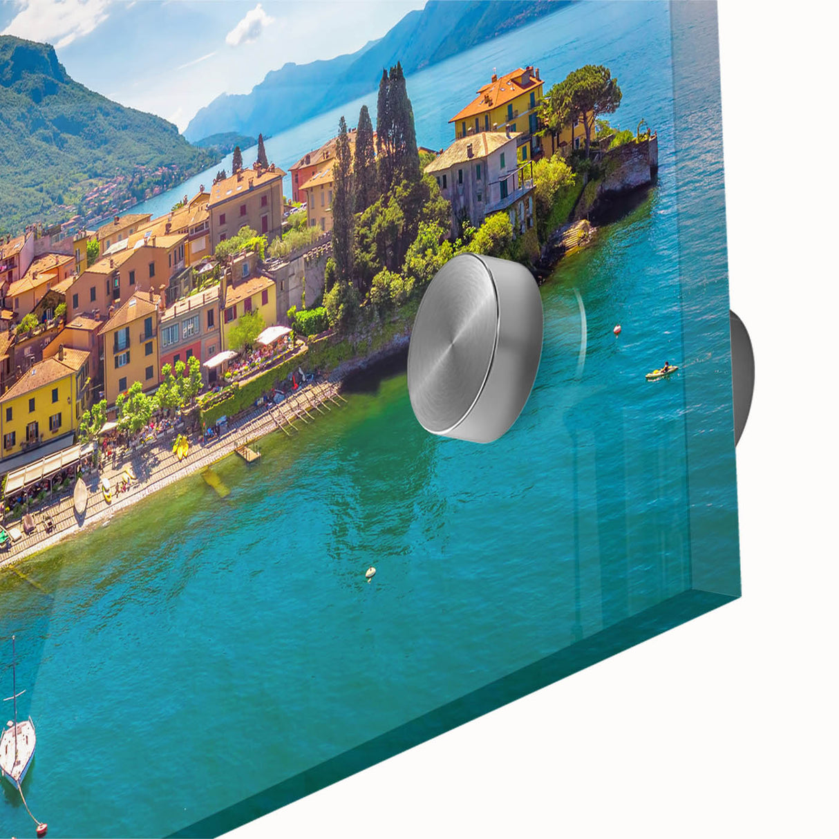 Large abstract depiction of Lake Como in muted blues and greens on acrylic glass, ideal for dining room art.