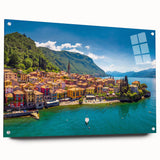 Acrylic print of Lake Como with muted blues and greens, ideal for dining room ambiance.
