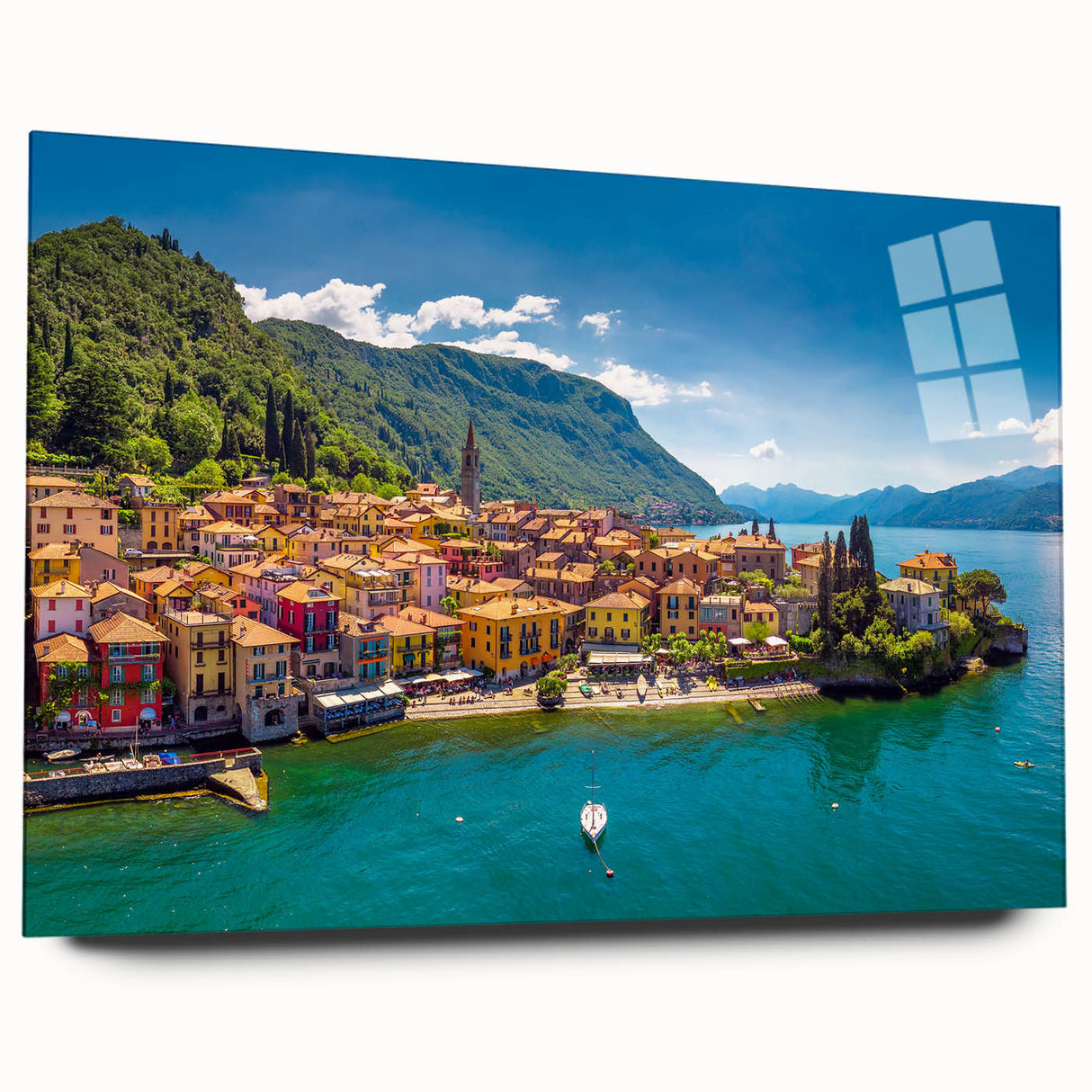 Acrylic print of Lake Como with vivid blue and green tones, ideal for bedroom or dining room art.