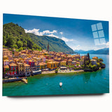 Acrylic print of Lake Como with vivid blue and green tones, ideal for bedroom or dining room art.