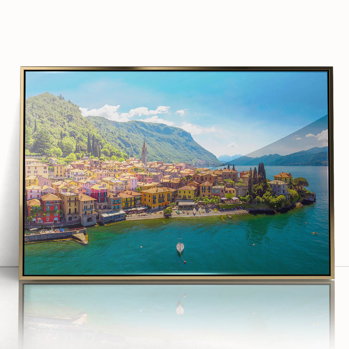 Acrylic print of Lake Como with soft blue and green tones in an art deco style, ideal for modern art wall decor.