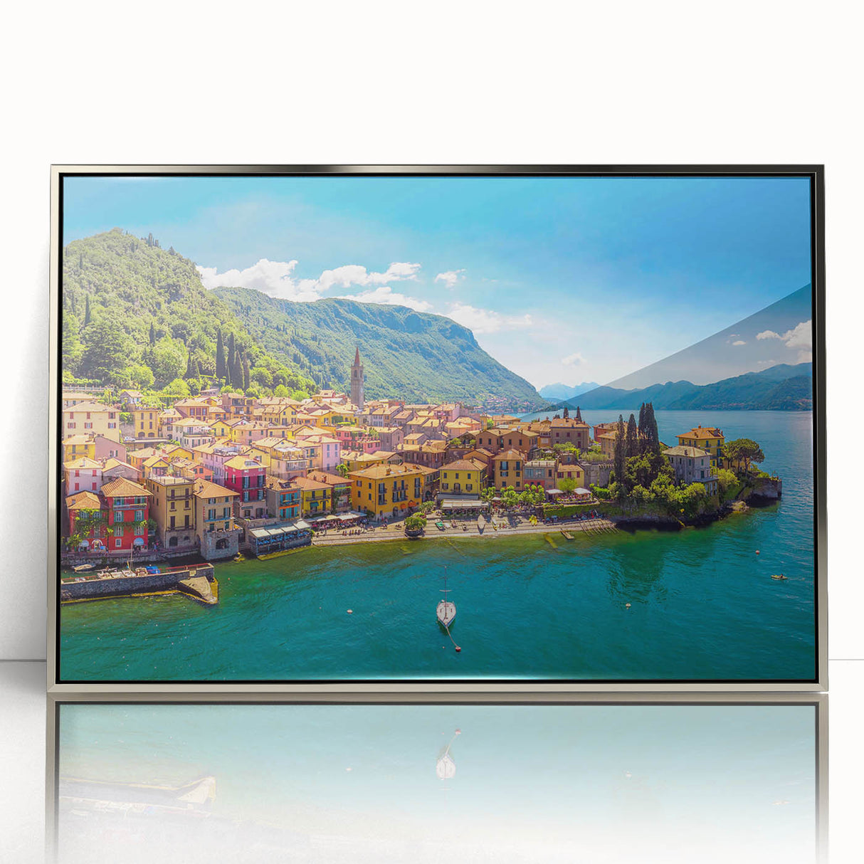 Mid-century modernist style large art print of Lake Como with muted blue and green tones, framed in silver acrylic.