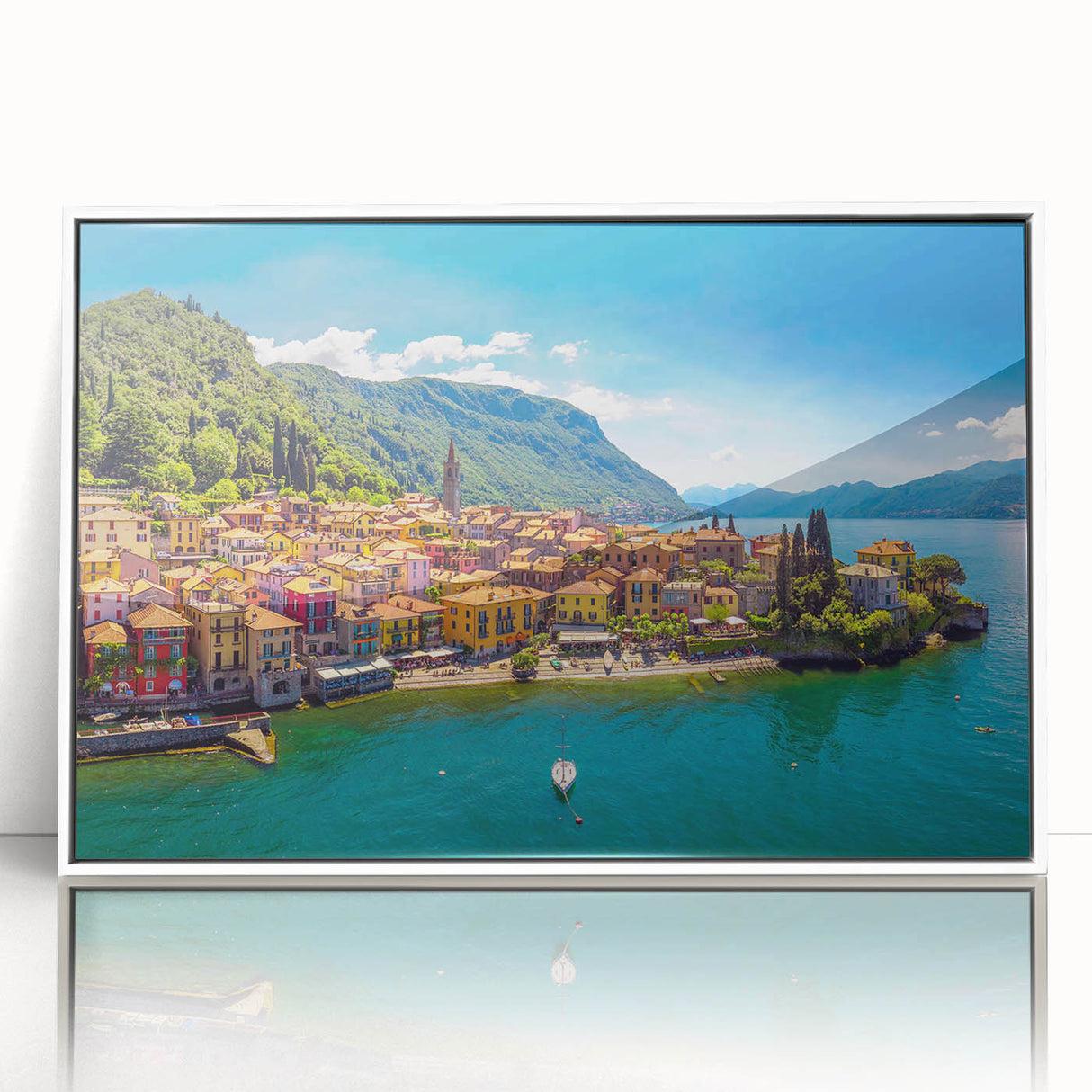 Mid-century modernist art of Lake Como with muted blues and greens on framed acrylic, suitable for nursery wall decor.