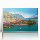 Mid-century modernist art of Lake Como with muted blues and greens on framed acrylic, suitable for nursery wall decor.