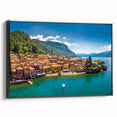 Black and white framed canvas of Lake Como landscape, ideal for bedroom wall art in a vintage poster style.