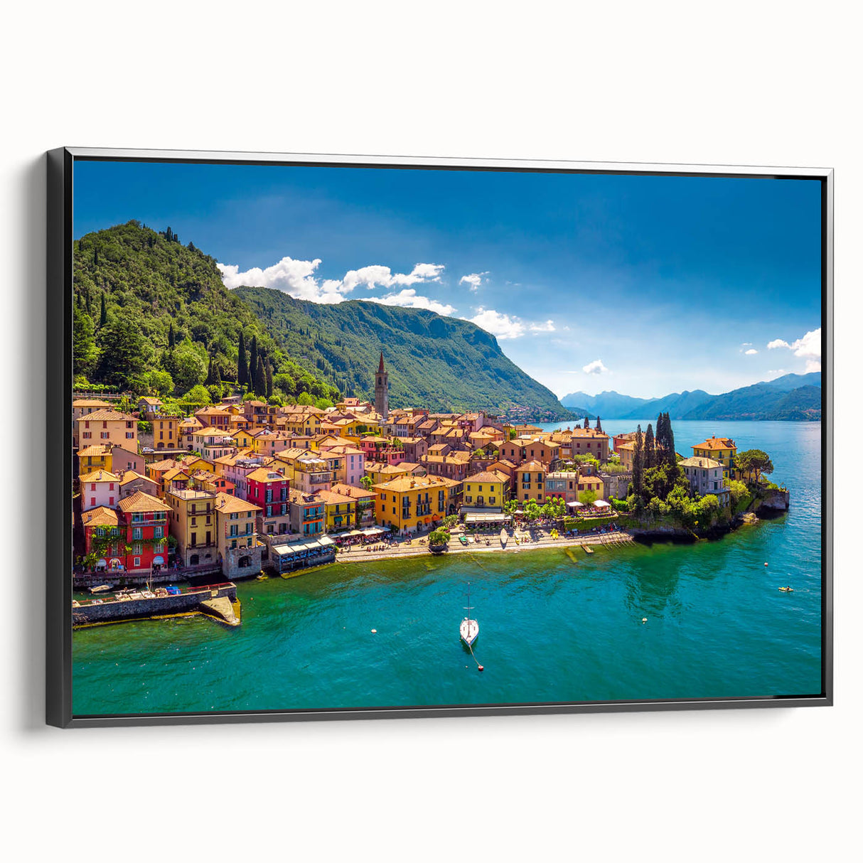 Black and white framed canvas of Lake Como landscape, ideal for bedroom wall art in a vintage poster style.
