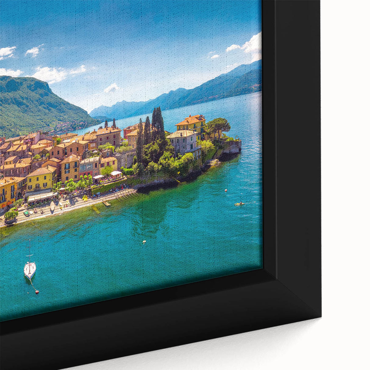 Extra large framed canvas of Lake Como with a textured, colorful art depiction on a black background.