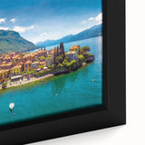 Extra large framed canvas of Lake Como with a textured, colorful art depiction on a black background.