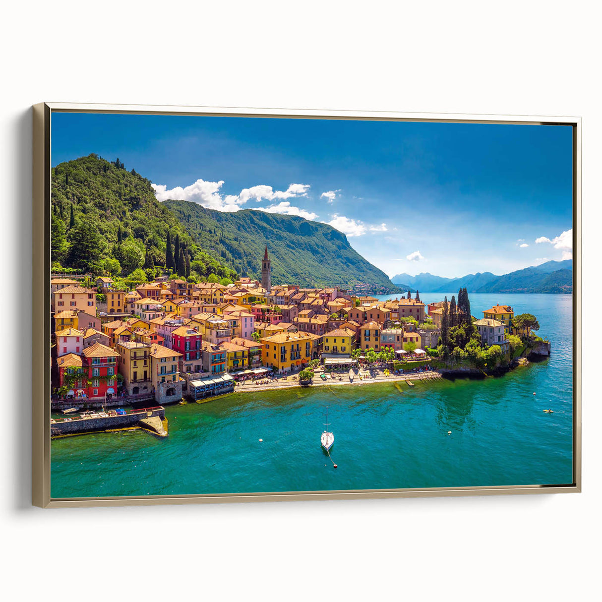 Framed canvas of Lake Como with vintage poster style in black and gold, ideal for bedroom wall art.