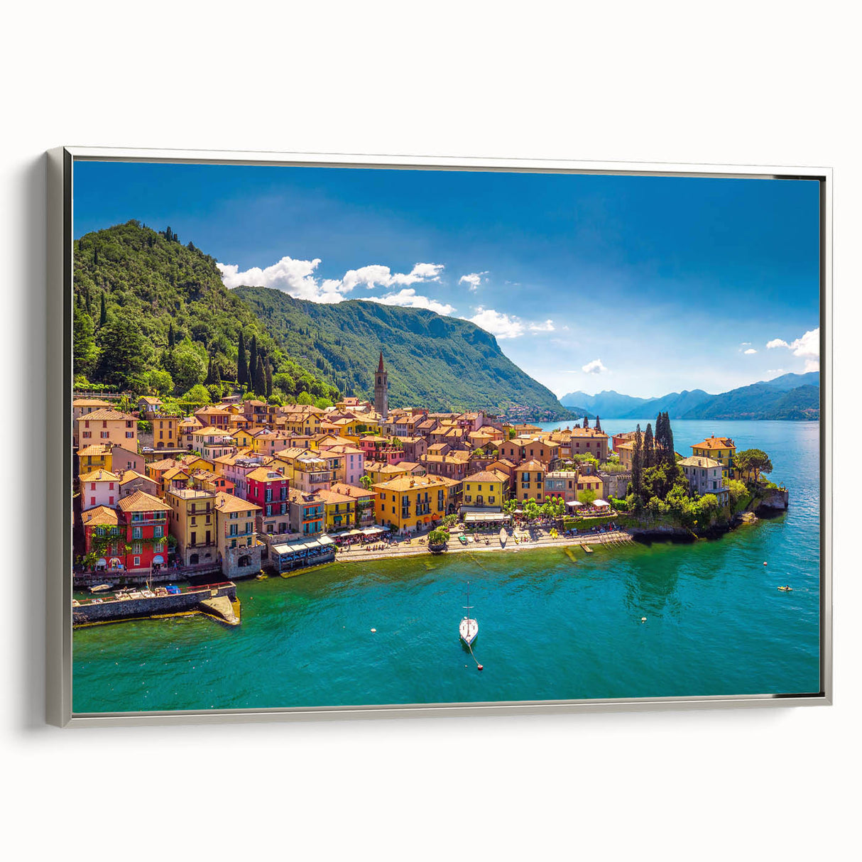 Landscape art painting of Lake Como with vibrant colors on a framed canvas, ideal for living room decor.